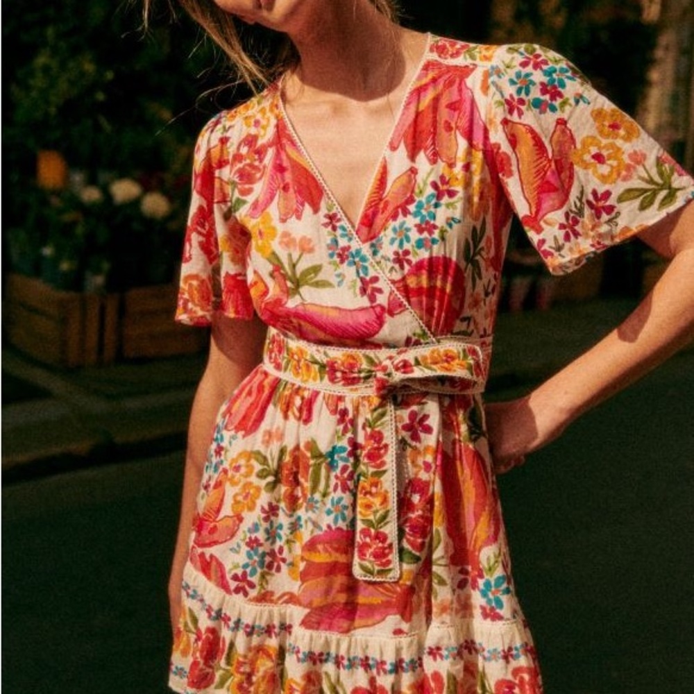 Sezane and Farm Rio Collab Mini Wrap Dress with Floral Print